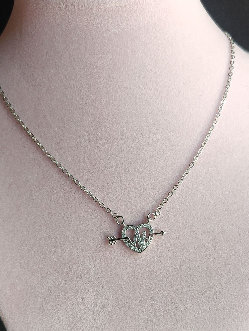 Silver Heart and Arrow Pendant Necklace with Pavé Accents - Silver Tone. L-N